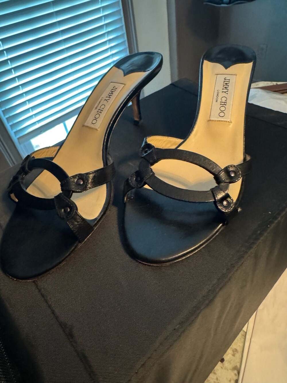 Jimmy Choo Vintage Black Leather Strappy Kitten Heel Mules